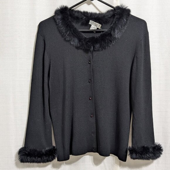 Vintage Due per Due Women's Silk Cardigan Faux Fur Large Black Button Down - Picture 1 of 7